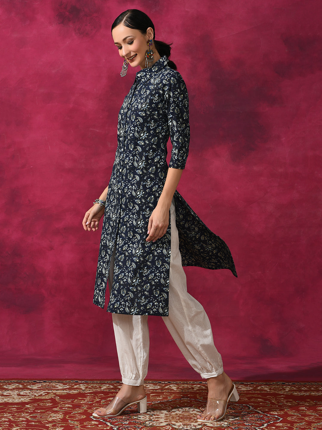 Navy Blue Floral Printed Button Down Kurta - Elganza