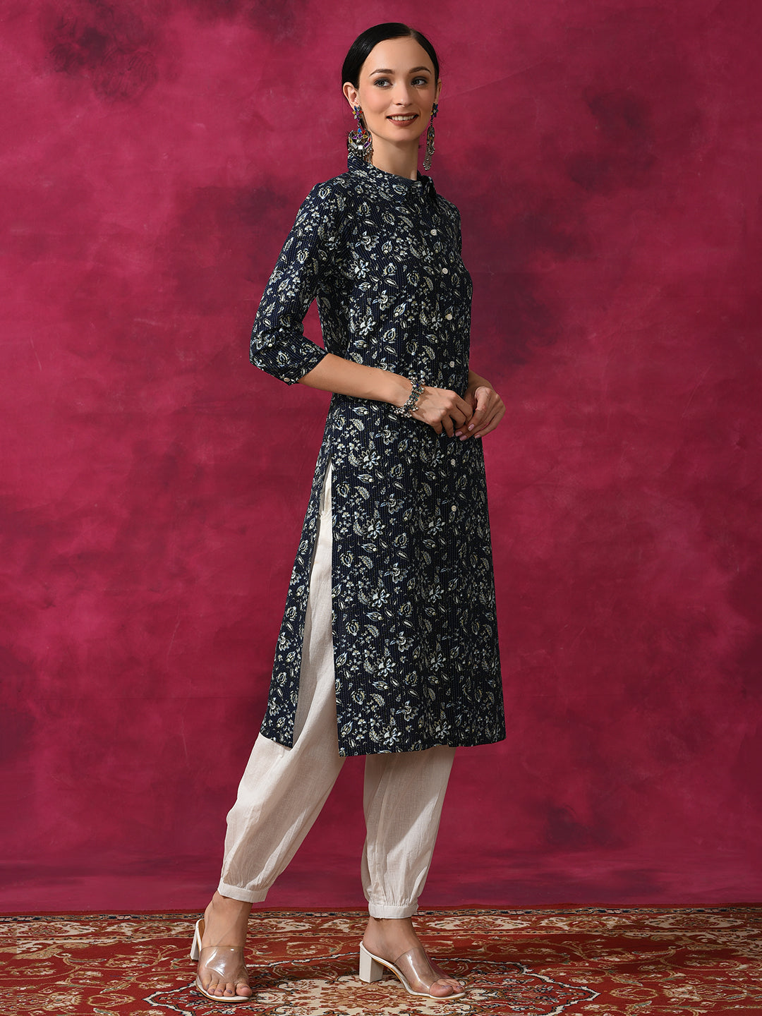 Navy Blue Floral Printed Button Down Kurta - Elganza