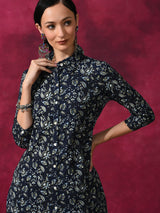 Navy Blue Floral Printed Button Down Kurta - Elganza