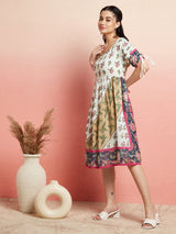 Multicolor Floral Print Gathered Dress - Elganza