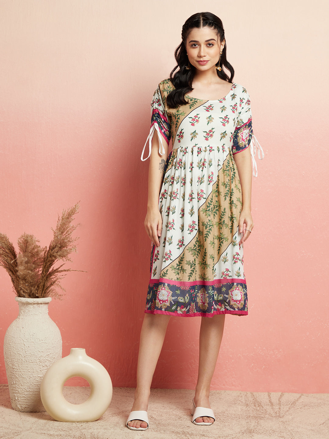 Multicolor Floral Print Gathered Dress - Elganza