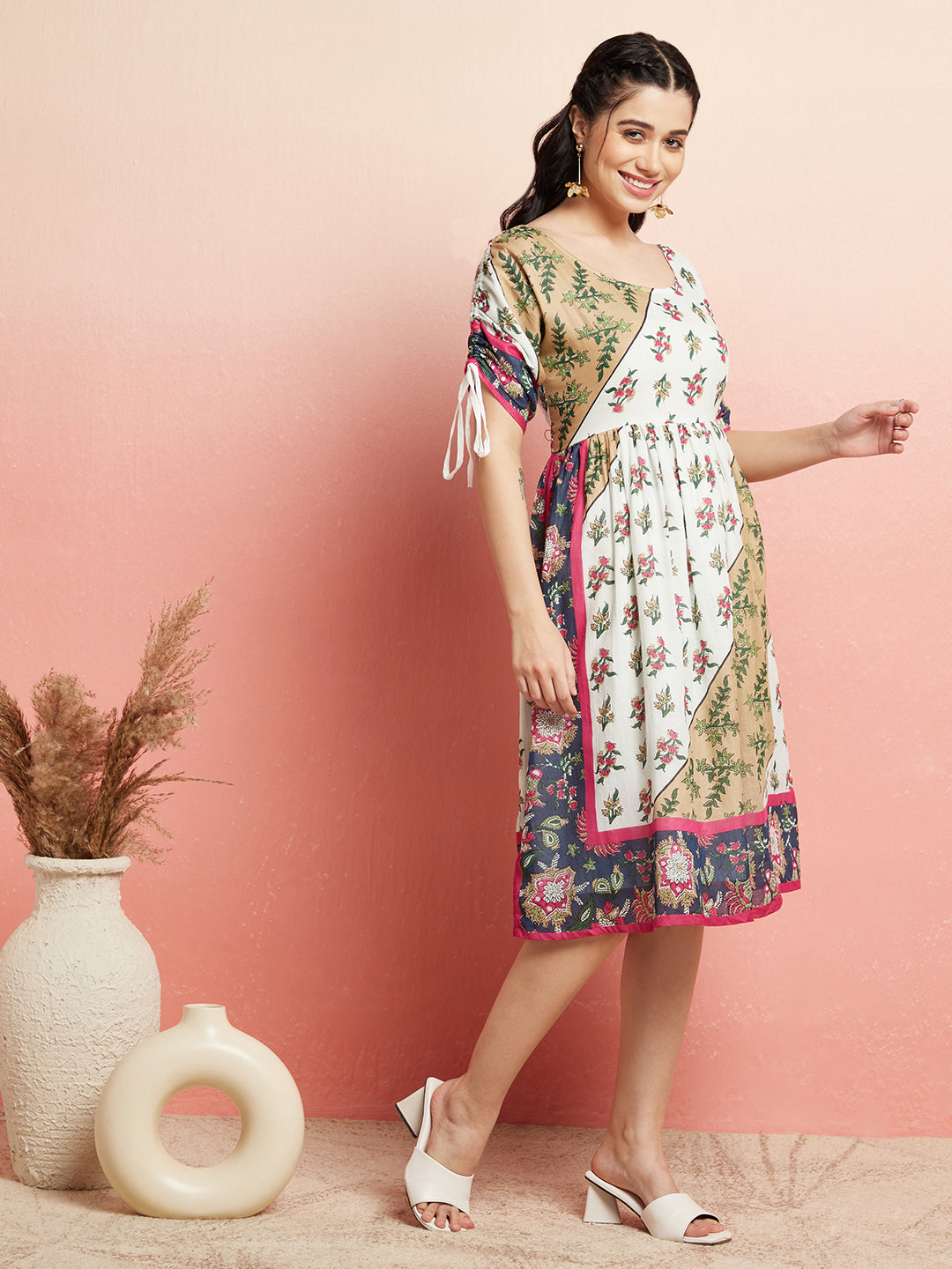 Multicolor Floral Print Gathered Dress - Elganza