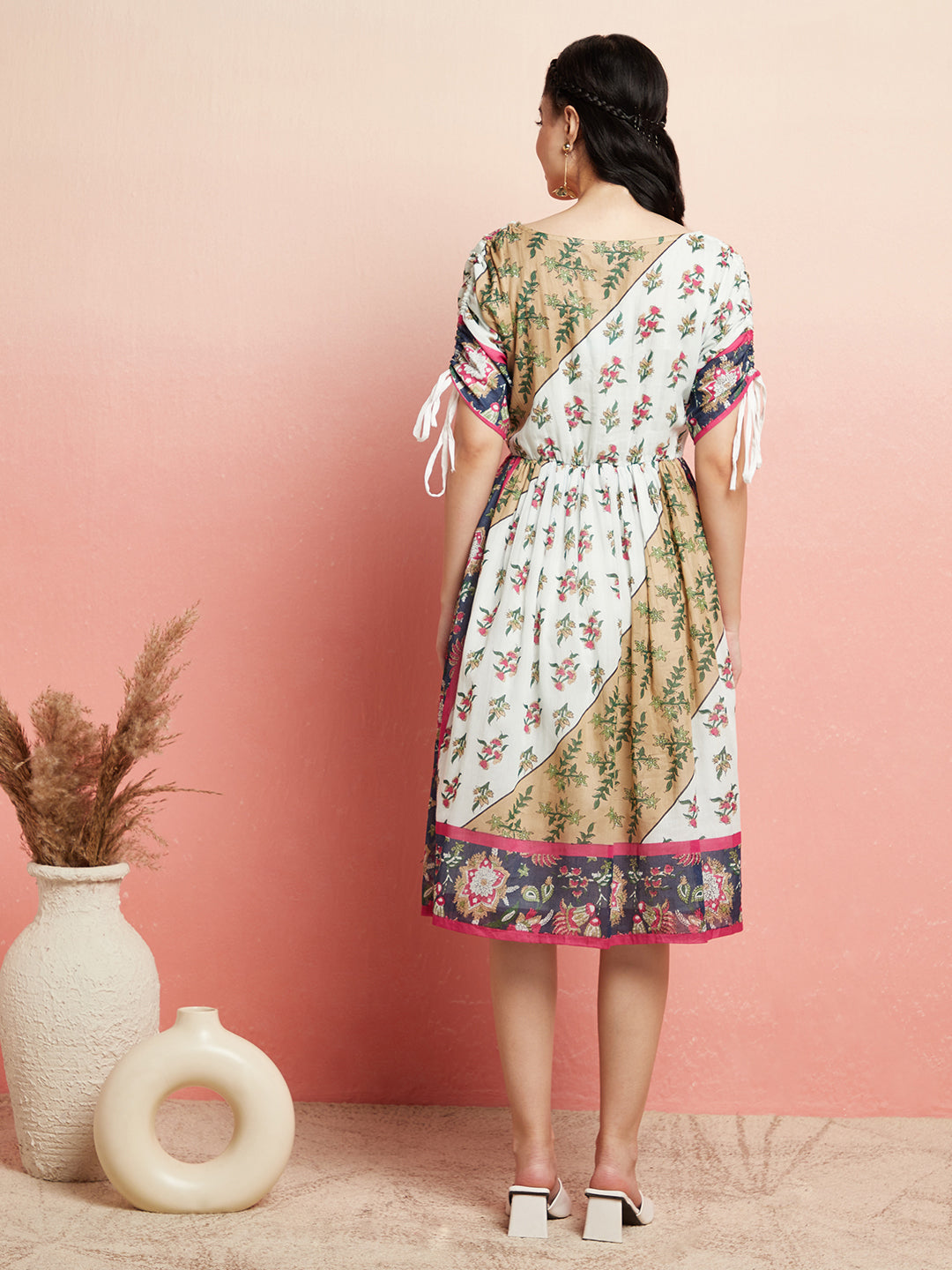 Multicolor Floral Print Gathered Dress - Elganza
