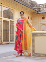 Coral Floral Print Anarkali Pant With Dupatta - Elganza