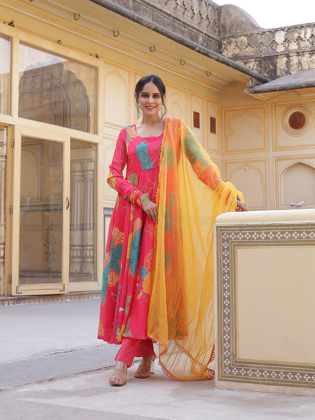 Coral Floral Print Anarkali Pant With Dupatta - Elganza