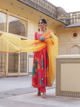 Coral Floral Print Anarkali Pant With Dupatta - Elganza
