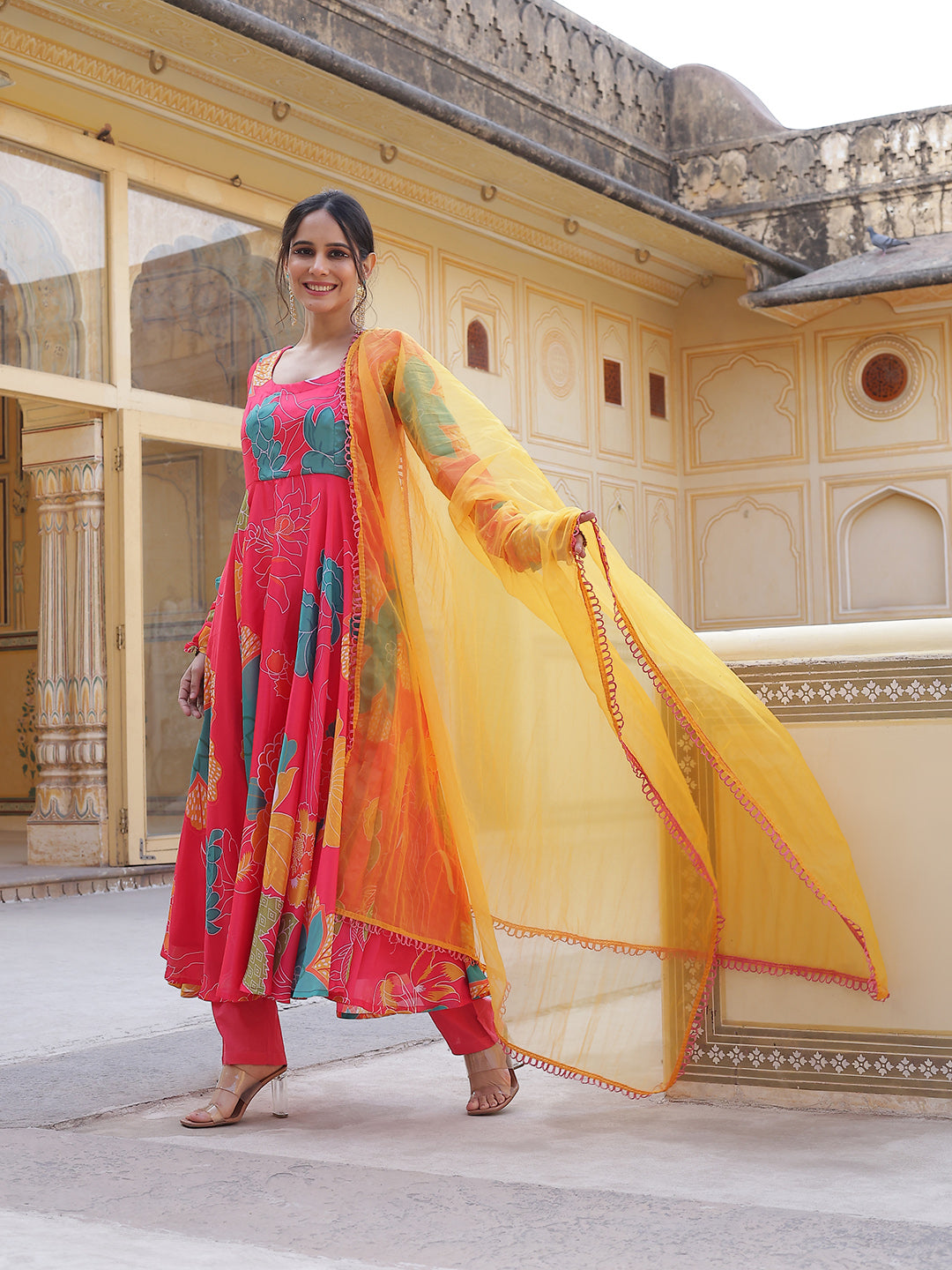 Coral Floral Print Anarkali Pant With Dupatta - Elganza