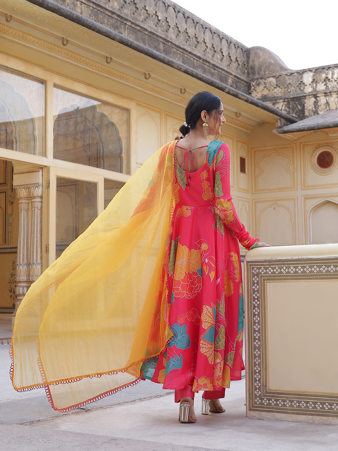 Coral Floral Print Anarkali Pant With Dupatta - Elganza