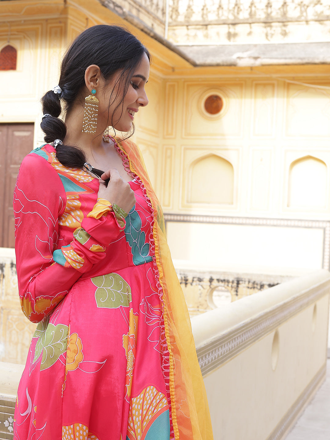 Coral Floral Print Anarkali Pant With Dupatta - Elganza