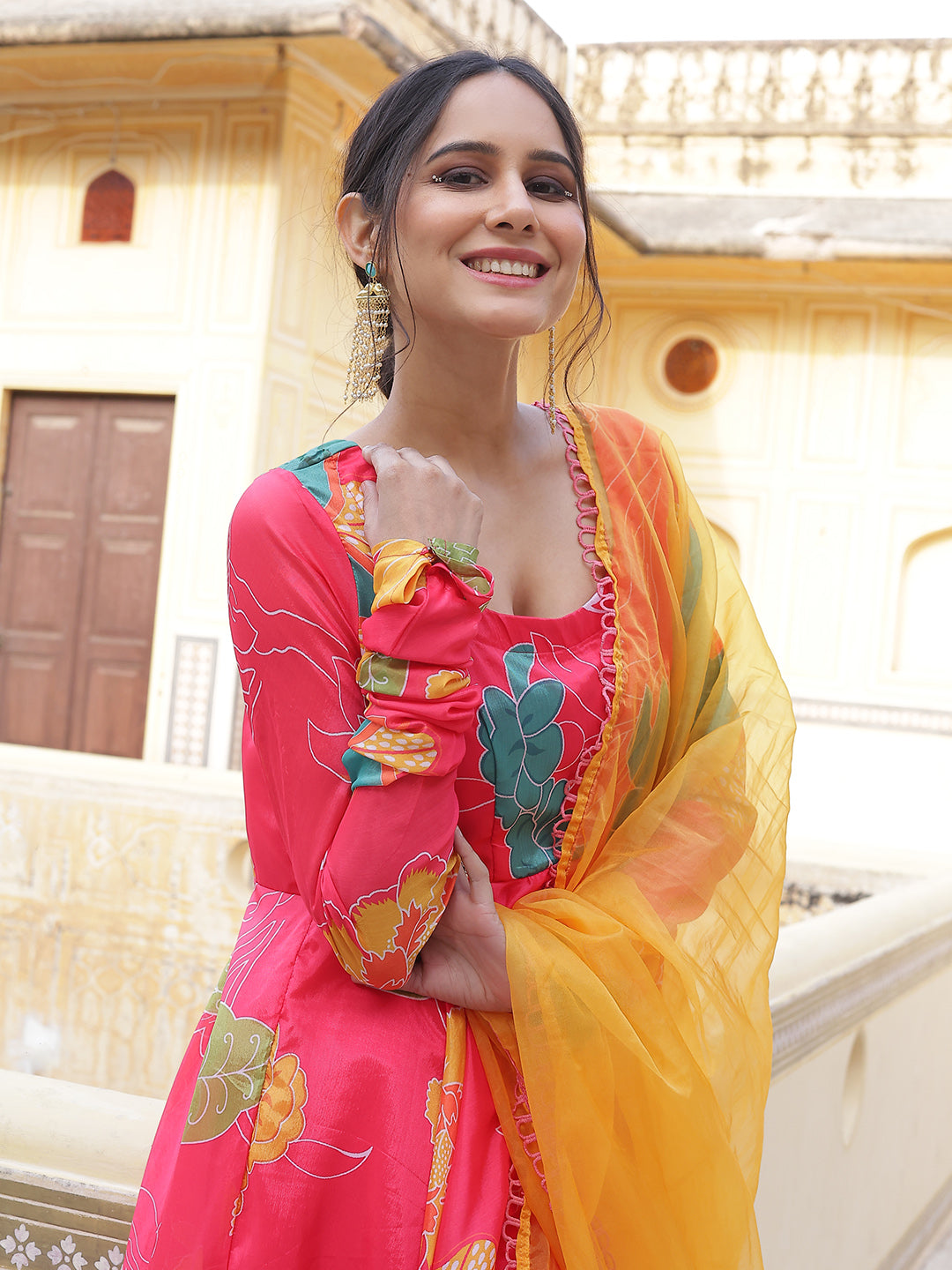 Coral Floral Print Anarkali Pant With Dupatta - Elganza