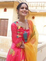 Coral Floral Print Anarkali Pant With Dupatta - Elganza