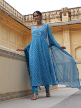 Blue Leheriya Print Anarkali Pant With Dupatta - Elganza