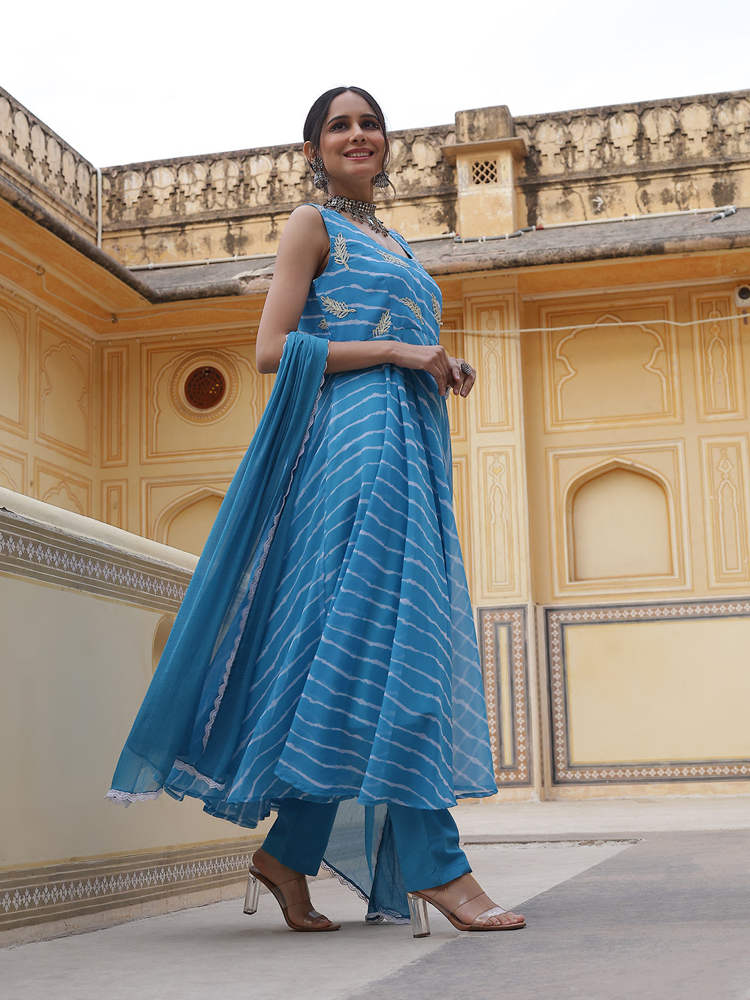 Blue Leheriya Print Anarkali Pant With Dupatta - Elganza