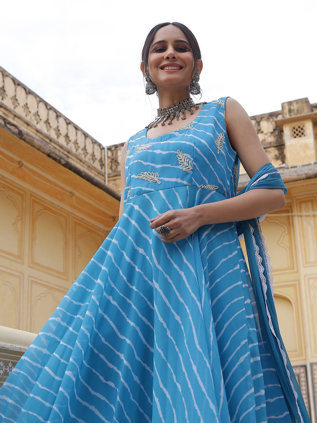 Blue Leheriya Print Anarkali Pant With Dupatta - Elganza