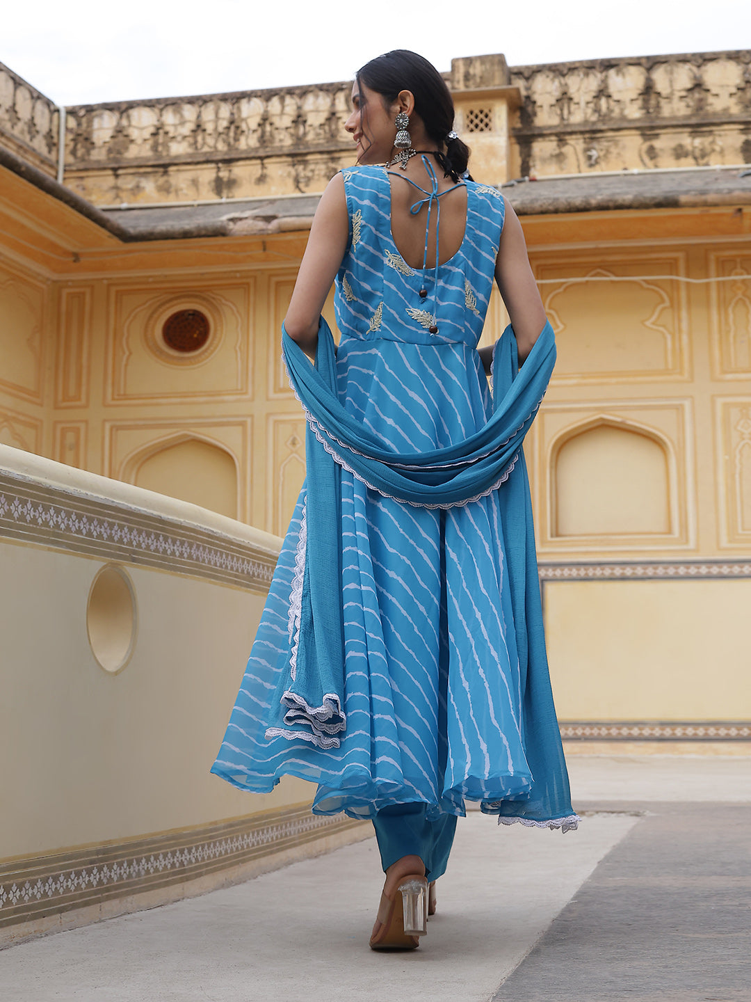 Blue Leheriya Print Anarkali Pant With Dupatta - Elganza