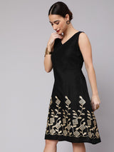 Black Midi Dress with Gota Embroidery - Elganza