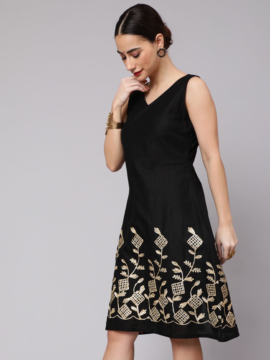 Black Midi Dress with Gota Embroidery - Elganza