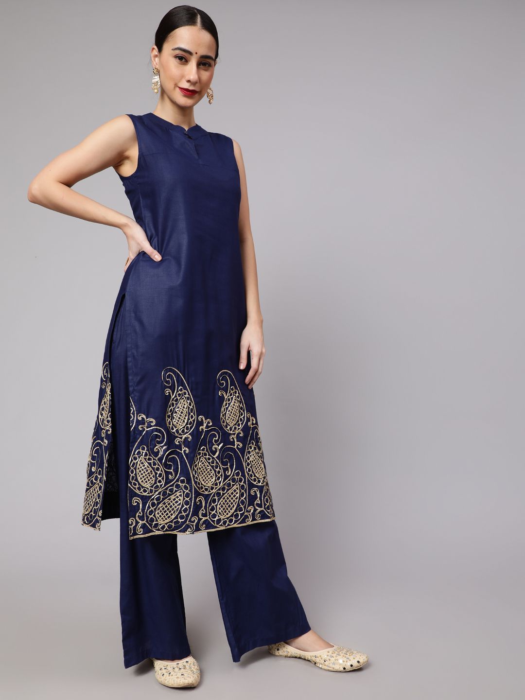 Navy Blue Embroidered Kurta With Palazzo - Elganza