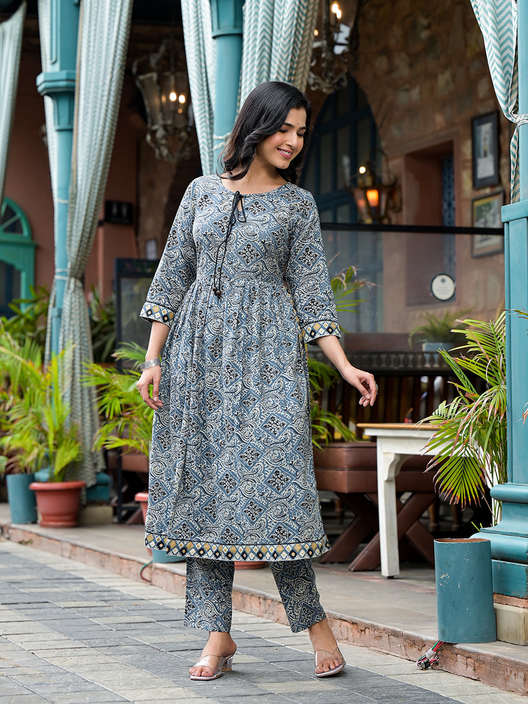 Blue Nyra Cut A-Line Kurta Set - Elganza