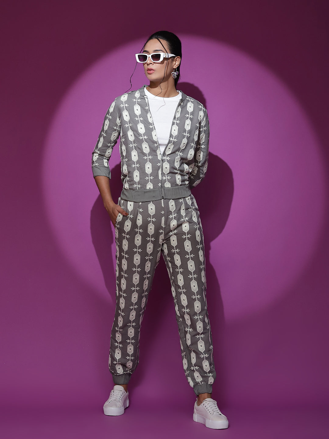 Grey Embroidered Jacket With Afgani Pant Co Ord Set - Elganza