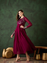 Burgundy Sequence Work Flared Maxi Dress - Elganza