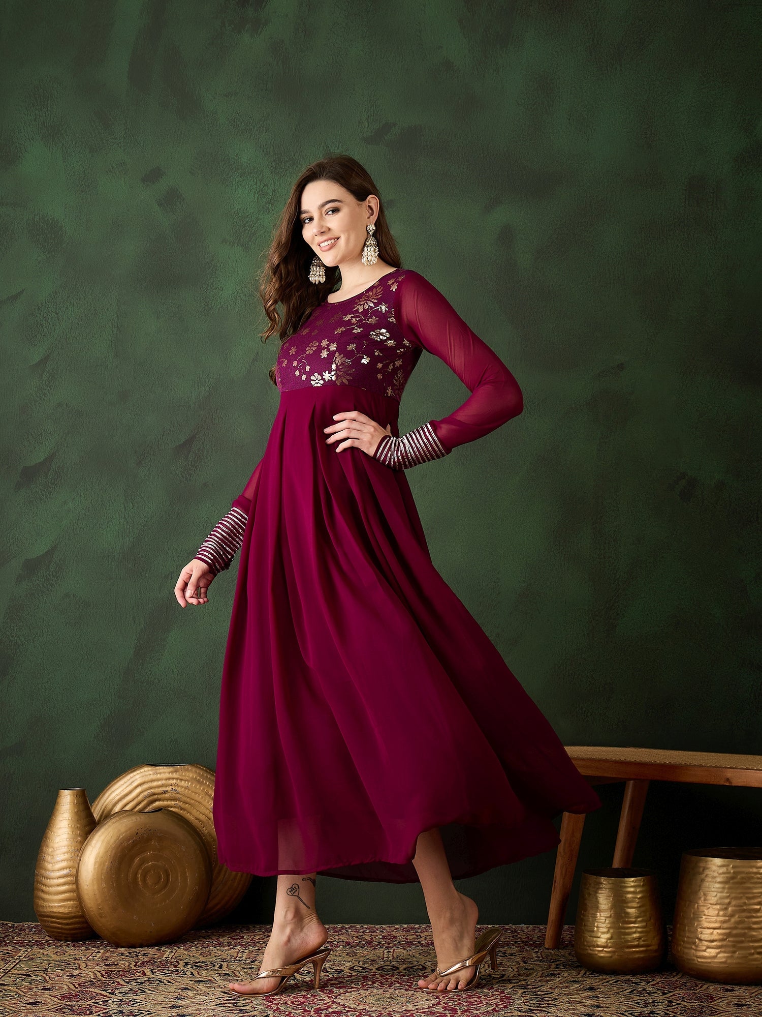 Burgundy Sequence Work Flared Maxi Dress - Elganza