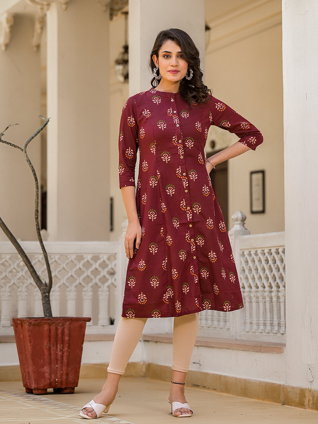 Maroon Button Down A-Line Kurta - Elganza