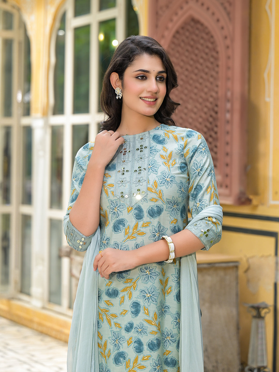 Dusty Blue Floral Kurta Set With Dupatta - Elganza