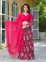Magenta Floral Print Chinnon Lehenga Choli - Elganza