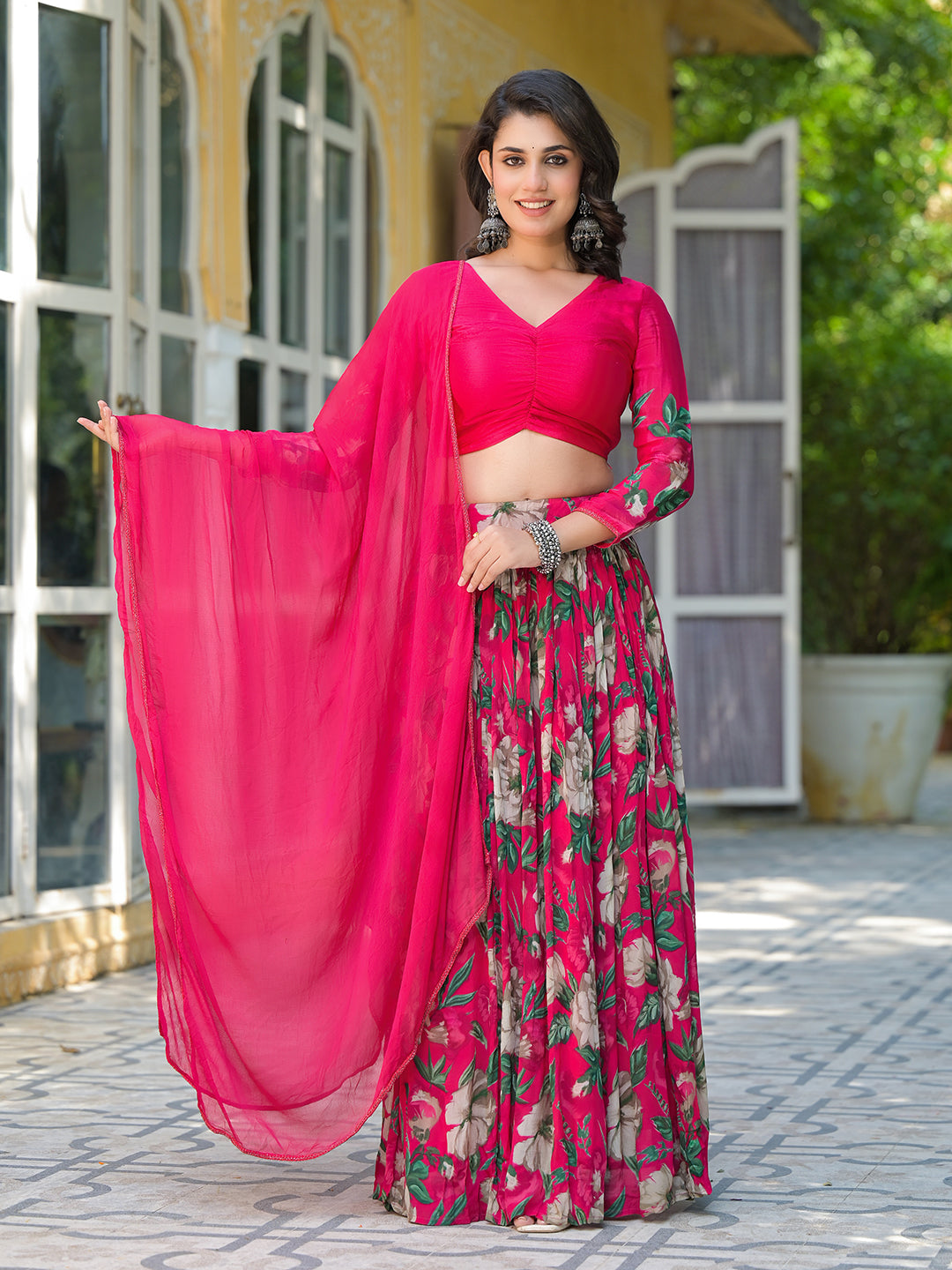Magenta Floral Print Chinnon Lehenga Choli - Elganza
