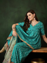 Green Bandhani Print Kurta Sharara With Dupatta - Elganza