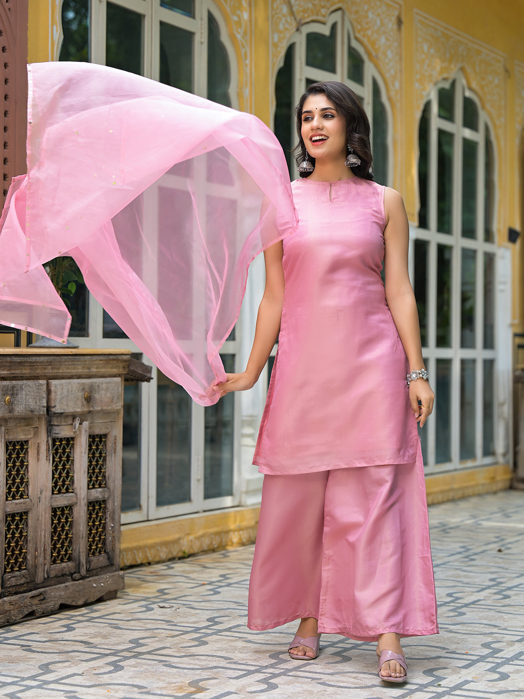 Blush Pink Sleevessless Kurta Sharara With Organza Sequinned Dupatta - Elganza