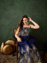 Navy Blue Embroidered Flared Maxi Dress - Elganza
