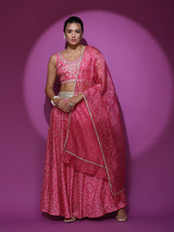 Pink Embroidered Bandhani Print Lehenga Choli With Dupatta - Elganza