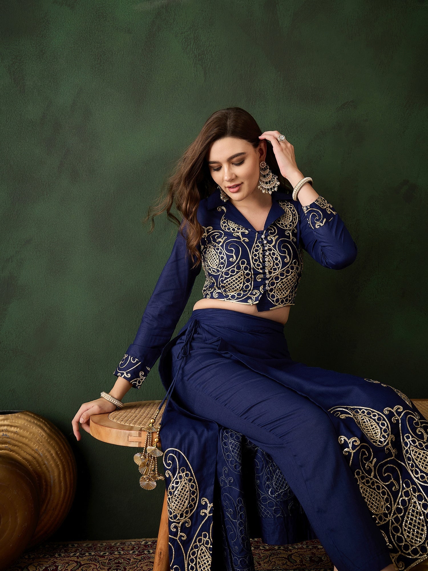 Navy Blue Embroidered Lehenga Choli Set - Elganza