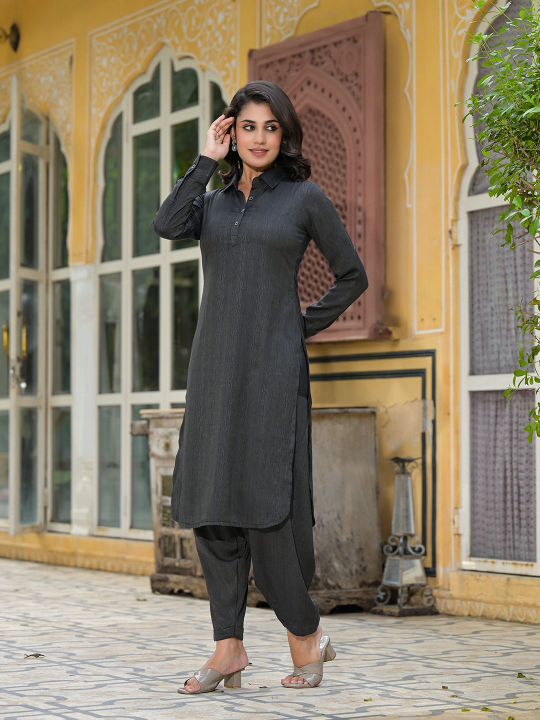 Black Self Design Pathani Kurta - Elganza