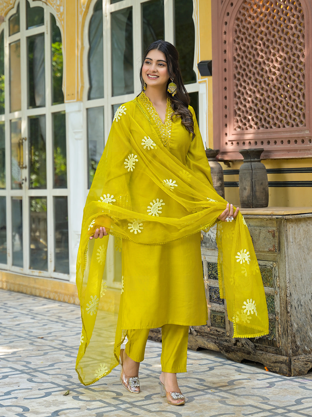 Lime Green Embroidered Pakistani Kurta Set With Embroidered Dupatta - Elganza
