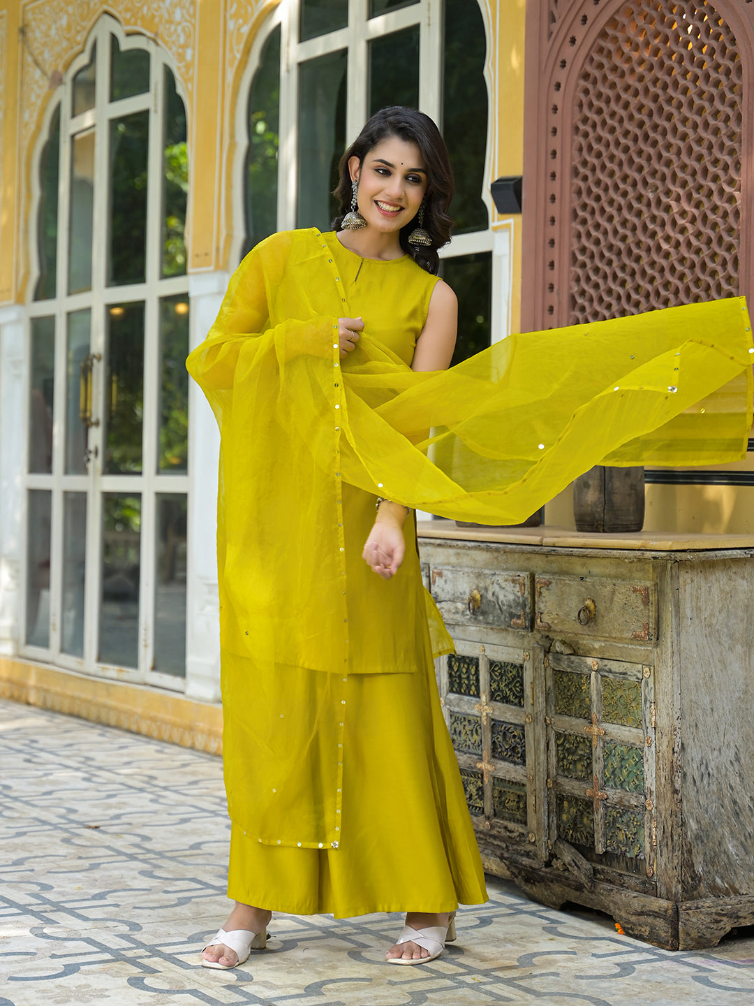 Mustard Sleevessless Kurta Sharara With Organza Sequinned Dupatta - Elganza