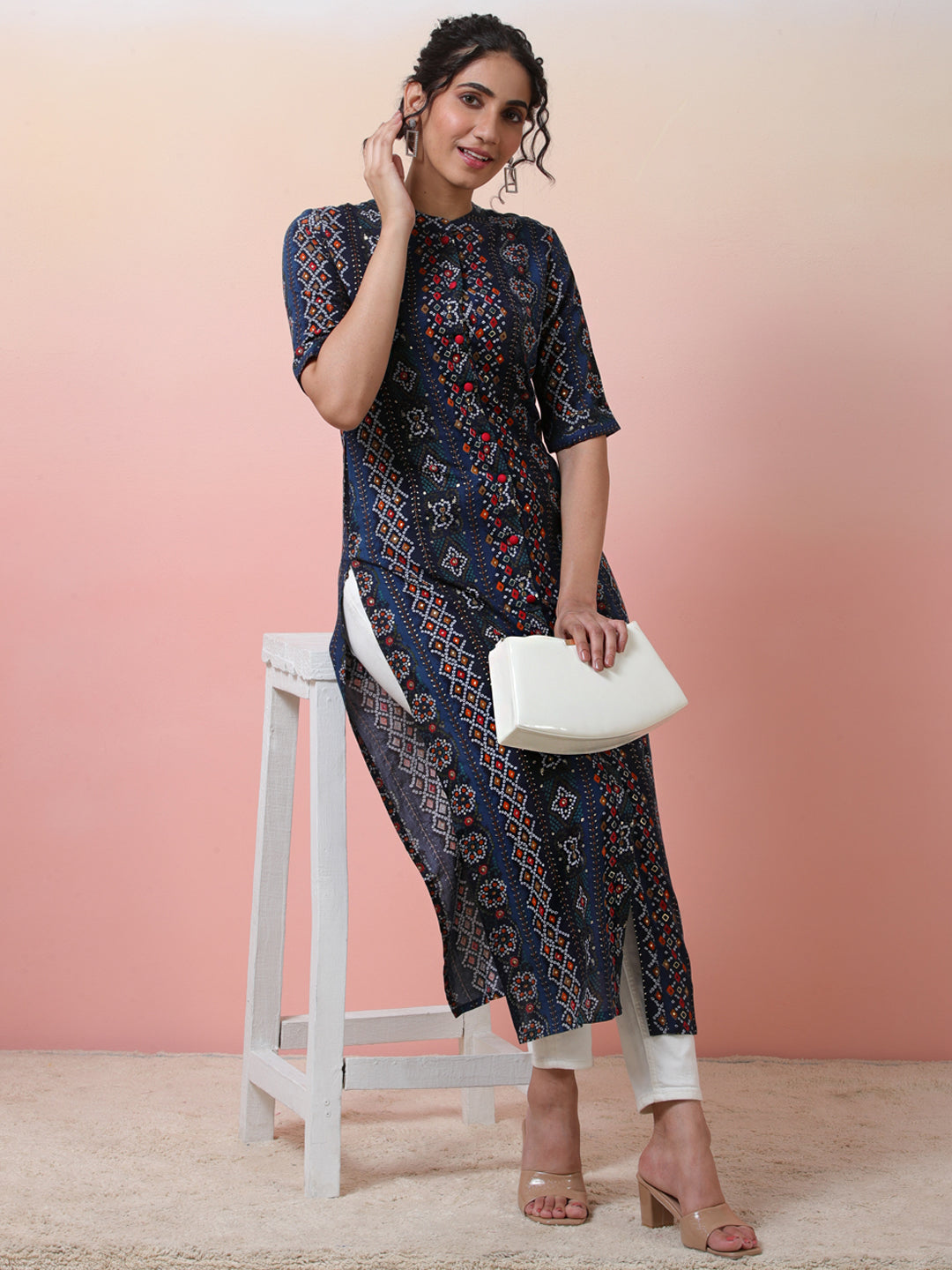 Navy Blue Gold Printed Button Down Kurta - Elganza