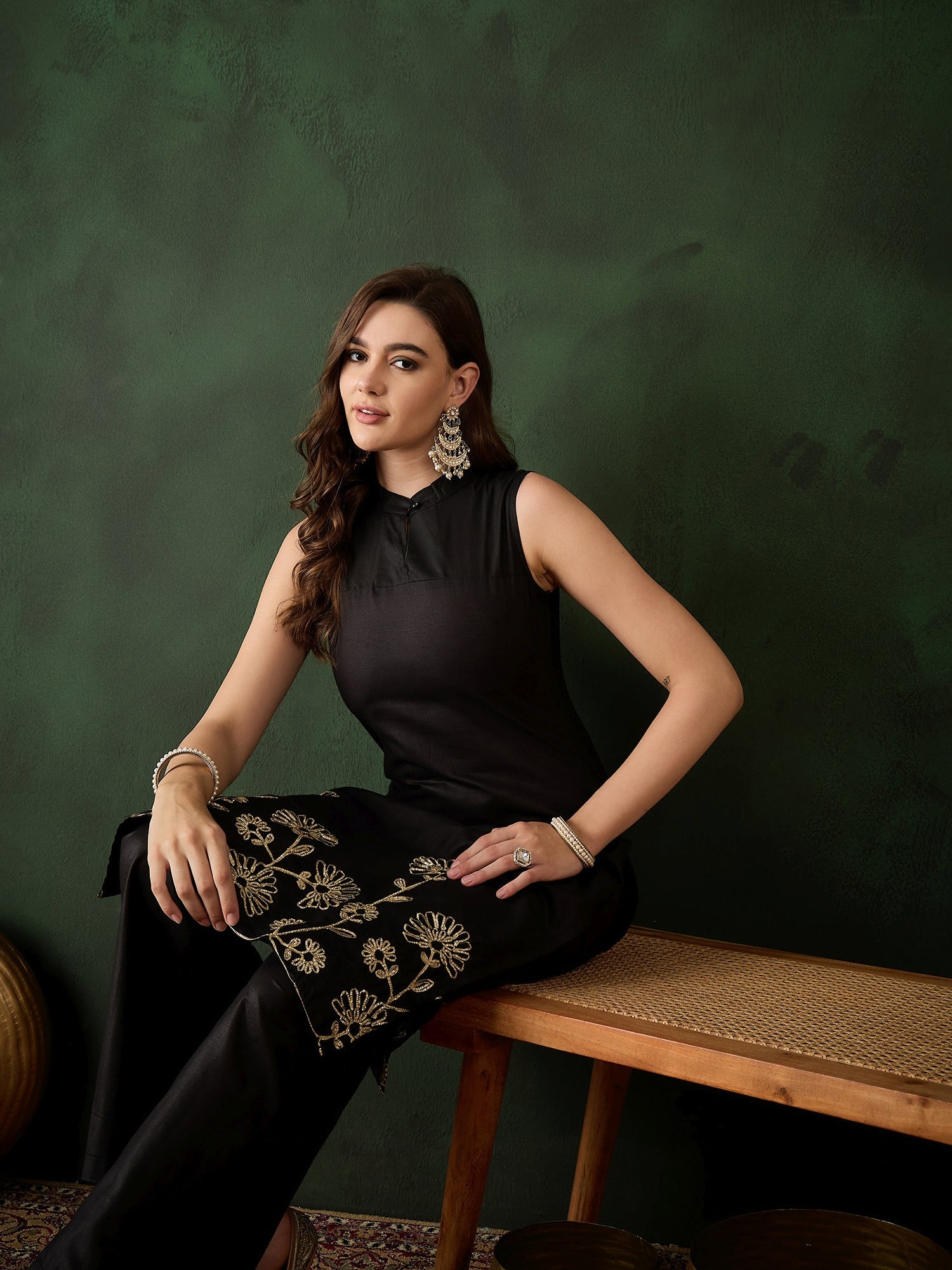 Black Embroidered Kurta With Palazzo - Elganza