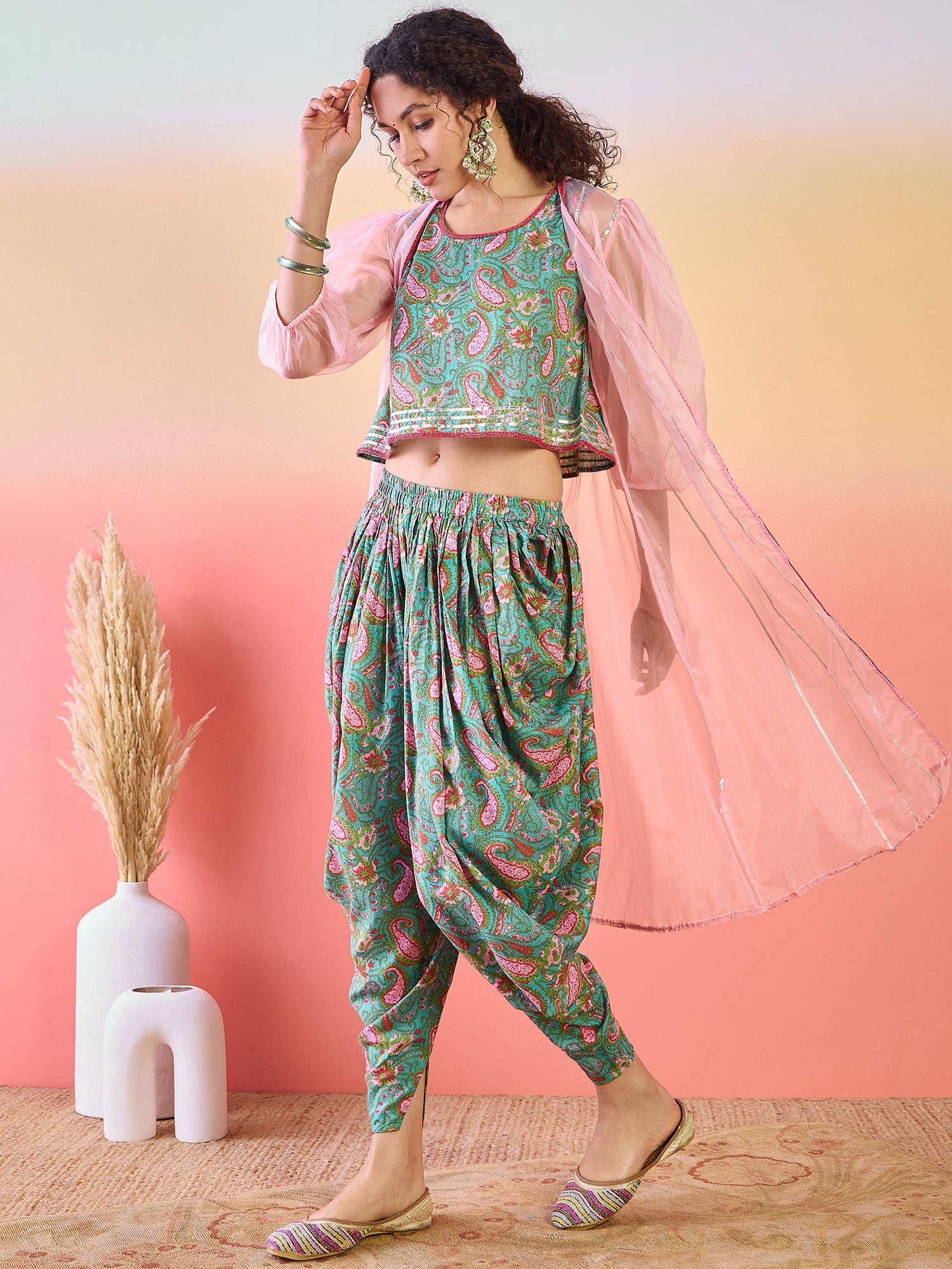 Light Blue Floral Print Dhoti Co-Ord Set With Jacket - Elganza