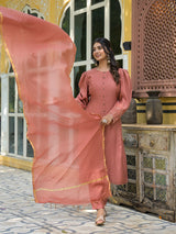 Brick Red A-Line Kurta Set With Dupatta - Elganza