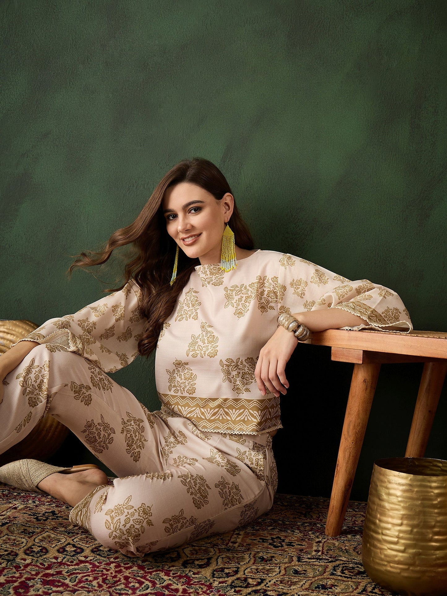 Cream Floral Print Co-Ord Set - Elganza