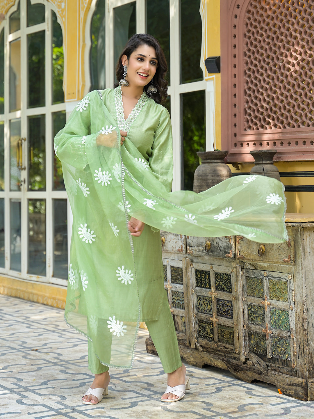 Mint Green Embroidered Pakistani Kurta Set With Embroidered Dupatta - Elganza