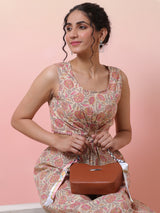 Cream Floral Print Cut-out Dress - Elganza