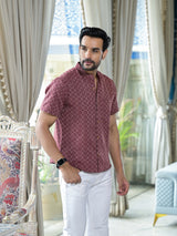 Maroon Woven Mandarin Collar Shirt - Elganza