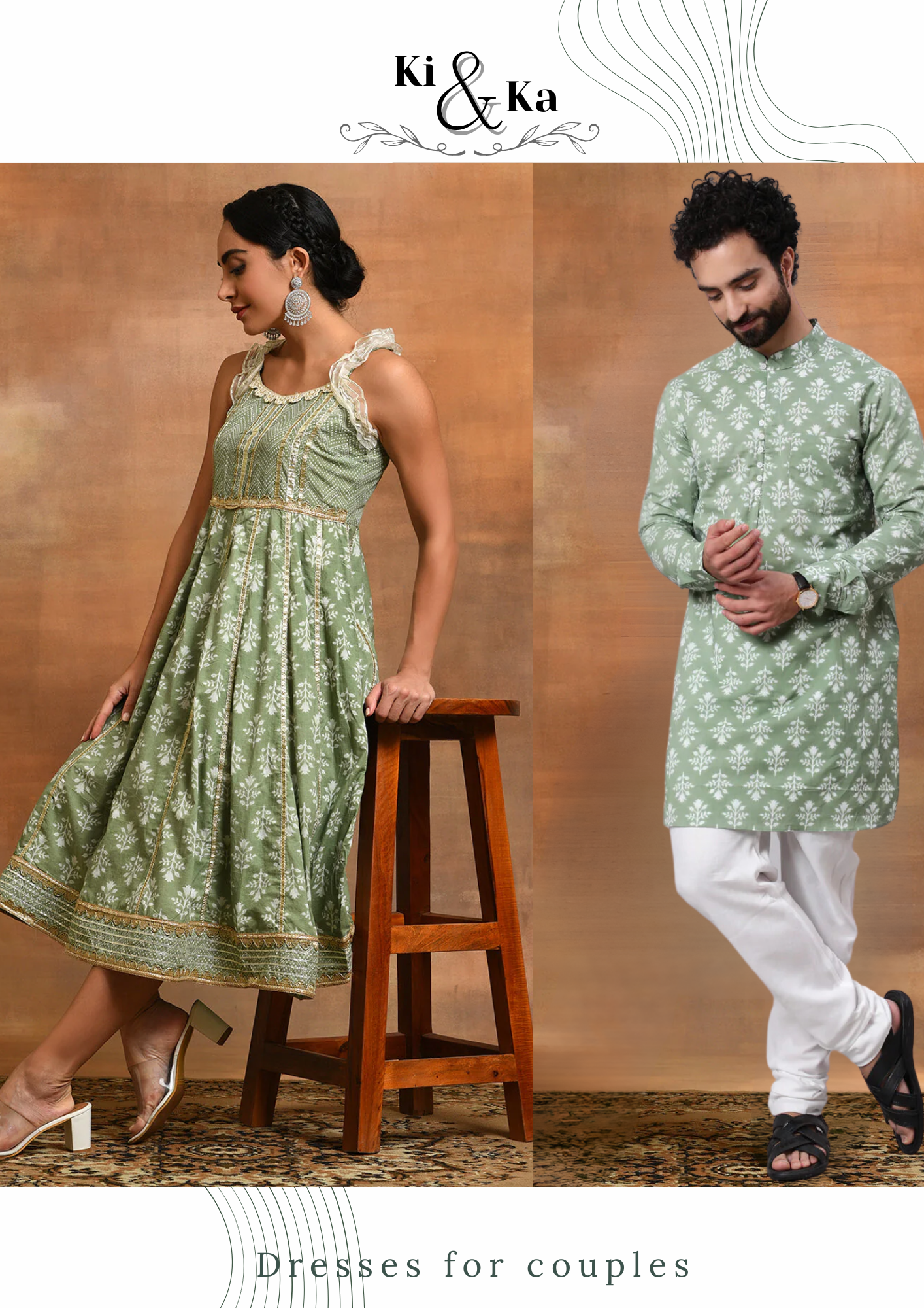Pastel Green Floral Print Couple Combo - Elganza