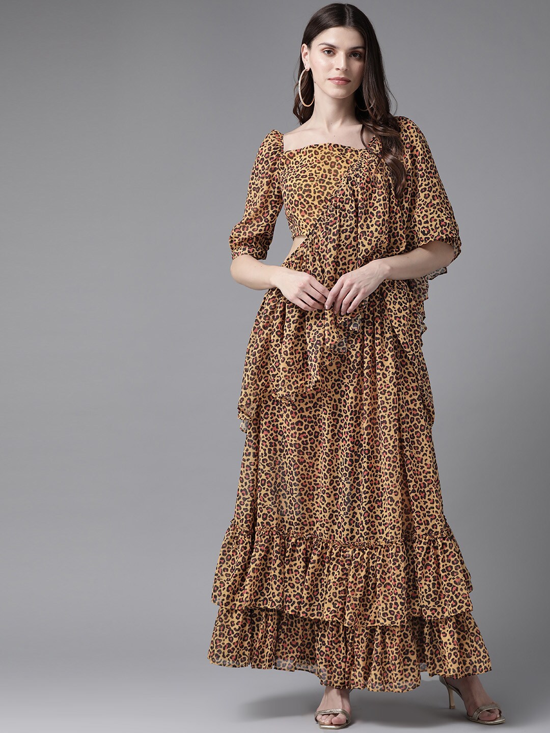 Yellow Leopard Print Frilled Saree With Blouse - Elganza