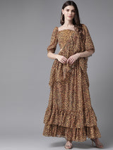 Yellow Leopard Print Frilled Saree With Blouse - Elganza