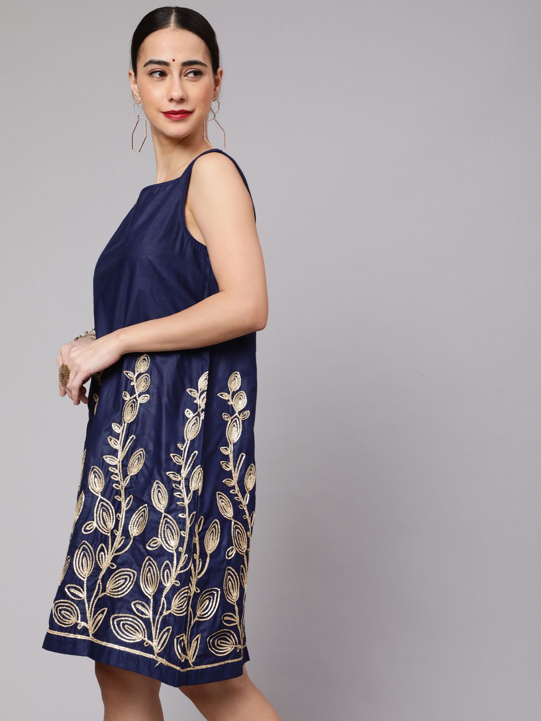 Navy Blue Embroidered Shift Dress - Elganza